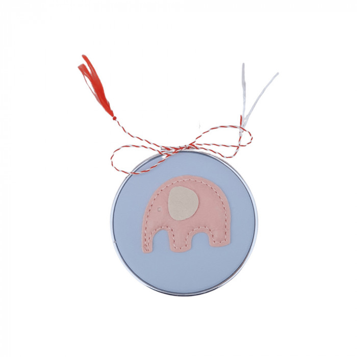 Martisor oglinda rotunda, Onore, bleu, piele ecologica, 1 x 7 cm diametru, model elefant roz