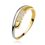 Inel cu diamant din aur 18K, bra?e ondulate bicolore, trei diamante transparente - Marime inel: 61