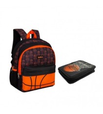 Set Ghiozdan Prescolar Negru Portocaliu Baschet cu Penar Echipat Dublu Negru