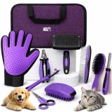 Set ingrijire caini si pisici 9 piese, Linomag&reg;, Grooming complet, Perii, Manusa, Cleste unghii, Foarfeca, Pieptene, Periuta dinti, Mov