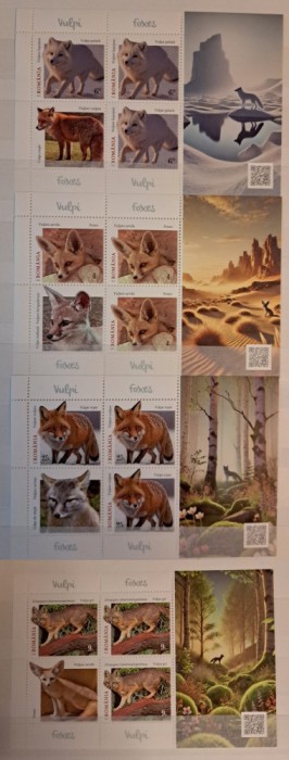 Fauna - Vulpi, minicoală de 3 timbre și 1 vinietă, 2025, LP 2507d, nominal 133.5 lei, MNH