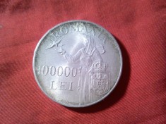 Moneda 100 000 lei 1946 Mihai I , Pacea , argint , cal. F.Buna , luciu batere