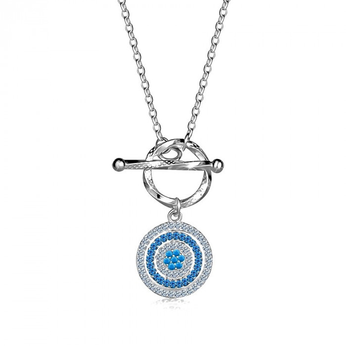 Colier toggle din argint 925 &ndash; disc cu zirconii transparente și albastre, floare opacă din zirconii turcoaz