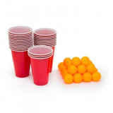 Joc de baut Beer Pong Flippy, 24 Pahare, 24 Mingi, material plastic, reutilizabil, portabil, rosu