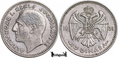 1931, 10 Dinara - Alexandru I - Regatul Iugoslaviei | Paris | KM 10 foto