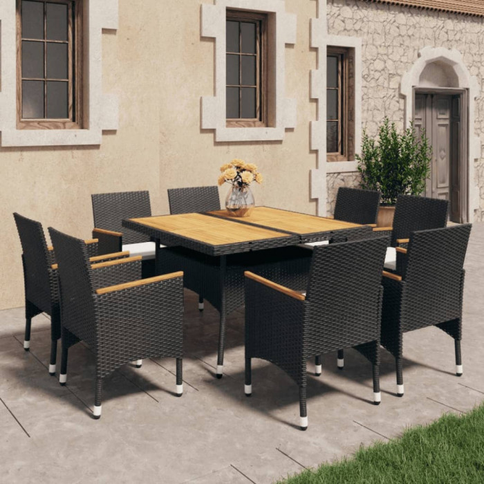 Set mobilier gradina, 9 piese, negru, poliratan si lemn masiv GartenMobel Dekor