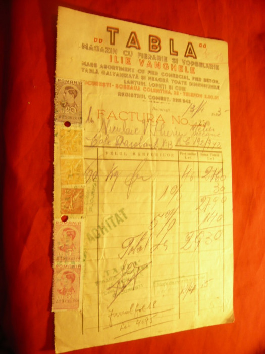 Factura cu Antet -Firma Tabla-Magazin- fierarie si vopselarie Ilie Vanghele1942