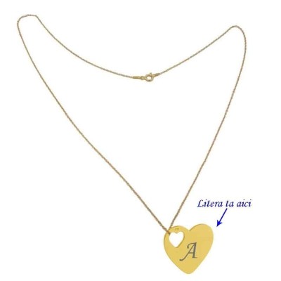 Lant argint 925 placat cu aur de 18k 50 cm si charm inima argint 925 placat cu aur de 24k. gravat litera ta foto