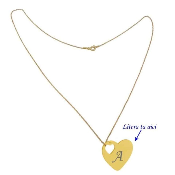 Lant argint 925 placat cu aur de 18k 50 cm si charm inima argint 925 placat cu aur de 24k. gravat litera ta