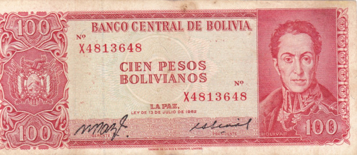 BOLIVIA 100 pesos bolivianos 1962 VF!!!