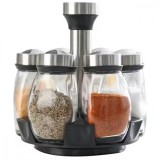 Set 6 recipiente pentru condimente, suport, 120 ml, otel si sticla, negru/transparent, Oem