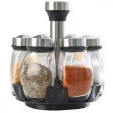 Set 6 recipiente pentru condimente, suport, 120 ml, otel si sticla, negru/transparent