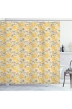 Perdeauă de duș vintage galbenă, temă cu flori de dragoste, decor pentru baie din material textil cu c&acirc;rlige, 175 x 200 cm, galben maro și bej