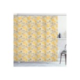 Perdeauă de duș vintage galbenă, temă cu flori de dragoste, decor pentru baie din material textil cu c&acirc;rlige, 175 x 200 cm, galben maro și bej
