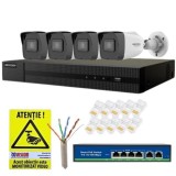 Sistem supraveghere IP Hikvision HiWatch, 4 camere 4MP, IR 30m, PoE, NVR 4 canale 8MP, Switch, Accesorii montaj SafetyGuard Surveillance