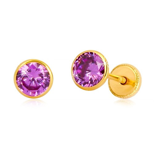 Cercei din aur galben 14K - zirconiu violet &icirc;n suport, &icirc;nchidere de tip fluturaș, 5 mm