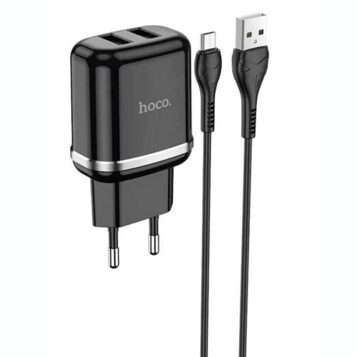 Set Incarcator Retea + Cablu Date Micro Usb Hoco N4 Aspiring 2xUSB 12W 2.4A 1m Negru