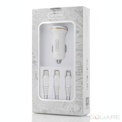 Incarcatoare Auto Tranyoo, VS1, 2.4A 3 in 1 Charger Kit, 2 x USB, White foto