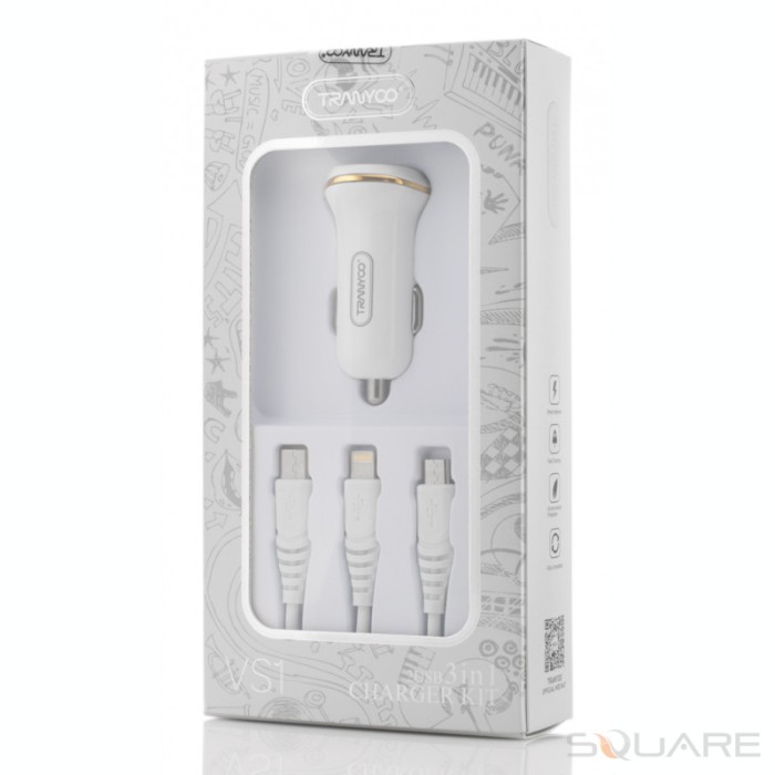 Incarcatoare Auto Tranyoo, VS1, 2.4A 3 in 1 Charger Kit, 2 x USB, White