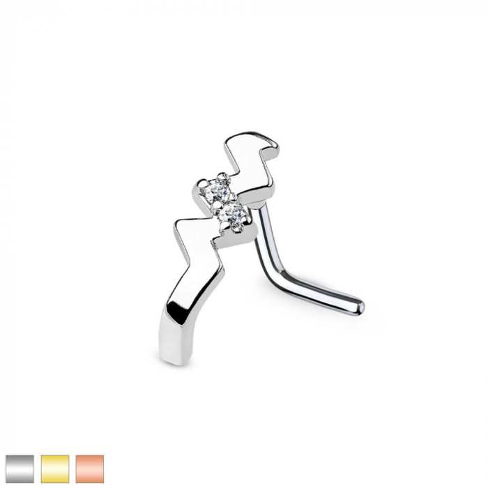 Piercing curbat pentru nas din oțel 316L &ndash; linie &icirc;n zig-zag, zirconi mici rotunzi, 0,8 mm - Culoare Piercing: Medena