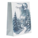 Sacou Cadou de Craciun cu Peisaj Inzapezit Bleu si Glitter, 26x10x32cm, CMCLASS