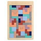 Puzzle montessori, flippy, din lemn, tip tetris, +36 luni, forme neregulate, 40 piese, 26.5 x 17.7 cm, multicolor pastelat