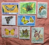 Lot Tematic 8 Timbre Fluturi și G&acirc;ndac Cuba Nicaragua Australia Congo Noua Zeelandă Ștampilate - A007