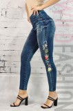 L885RR-444 Blugi tip colanti din denim elastic cu broderie florala