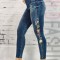 L885RR-444 Blugi tip colanti din denim elastic cu broderie florala