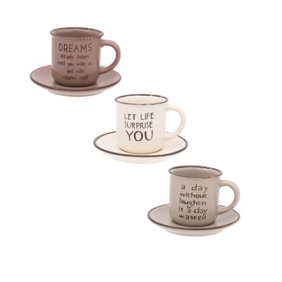 Set 3 cesti cafea, din ceramica, cu farfurii, model cu mesaj, 130 ml foto