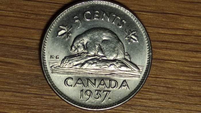 Canada -moneda de colectie raruta - 5 cents 1937 George VI - cu punct dupa data, greu de gasit !