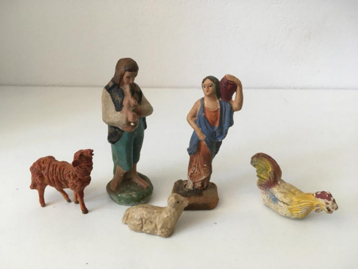 * Lot 5 figurine vintage Italia, ceramica: femeie, barbat, cocos, oaie, miel