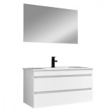 Mobilier de baie Cube 100 cm cu chiuvetă ceramică (2 sertare) și oglindă 60x100 cm vopsită &icirc;n alb lucios