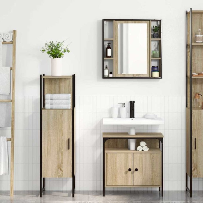 Set Mobilier Baie pe 3 Piese din Lemn Inginerizat Stejar Deschis