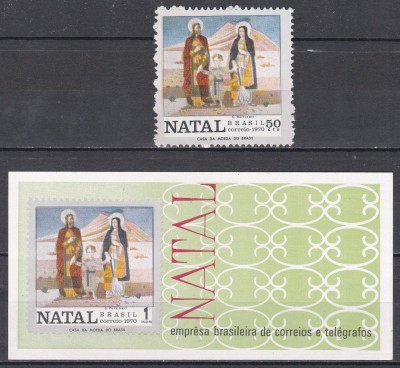 Brazilia 1970 - Crăciun - &amp;bdquo;Sf&amp;acirc;nta Familie&amp;rdquo;, Pictură de C. Portinari, Serie + Colita NDT, Cota 32 EURO, MNH foto