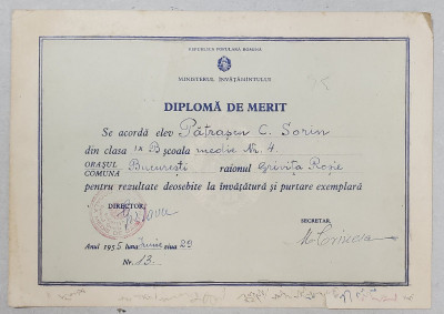 DIPLOMA DE MERIT , EMISA DE SCOALA MEDIE NR. 4 , BUCURESTI , 29 IUNIE , 1955 foto