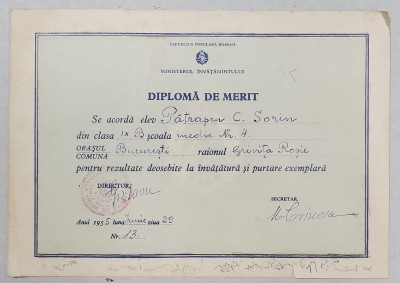 DIPLOMA DE MERIT , EMISA DE SCOALA MEDIE NR. 4 , BUCURESTI , 29 IUNIE , 1955 foto