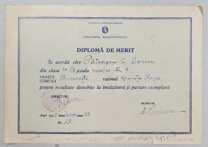 DIPLOMA DE MERIT , EMISA DE SCOALA MEDIE NR. 4 , BUCURESTI , 29 IUNIE , 1955