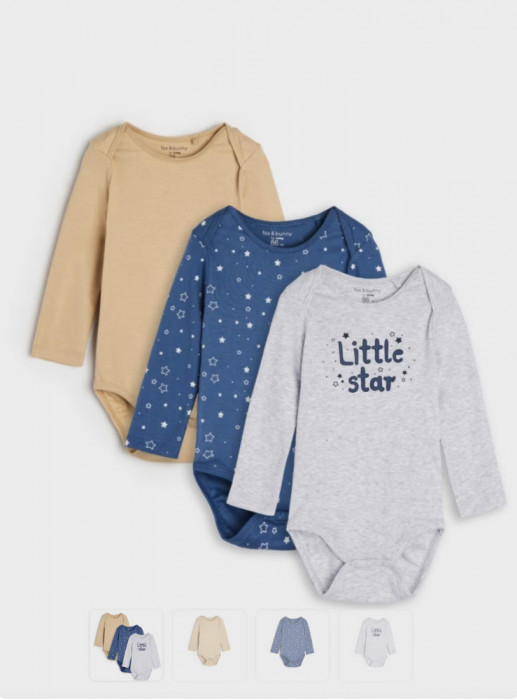 Set de 3 body-uri cu m&acirc;necā lunga din bumbac 100%, little star.