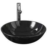 Chiuveta baie, robinet&amp;scurgere tip push, negru, sticla calita