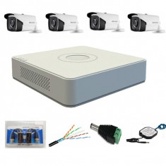 Kit profesional 4 camere exterior 5MP, IR 80m, Hikvision + DVR 4 canale 5MP HikVision + Surse + Cablu + Mufe foto