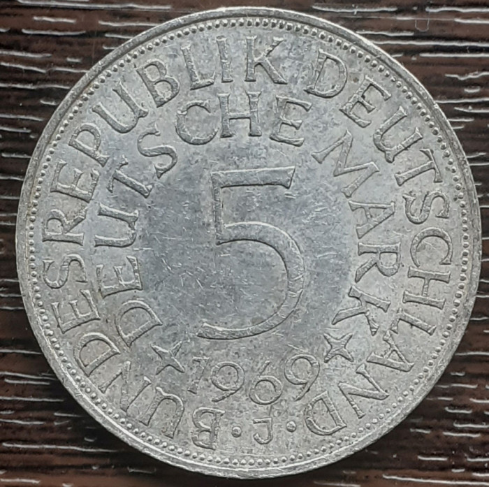 (A875) MONEDA DIN ARGINT GERMANIA - 5 MARK 1969, LIT J, 11,2 GRAME. PURITATE 625