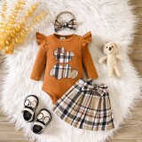 Costumas cu body maro si fustita in carouri - Teddy (Marime Disponibila: 0-3