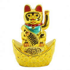 Pisica norocoasa maneki neko aurie pe pepita cu monede - 10cm