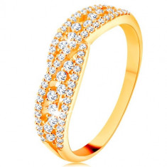 Inel realizat din aur galben de 14K - linii strălucitoare împletite decorate cu zirconii transparente - Marime inel: 51