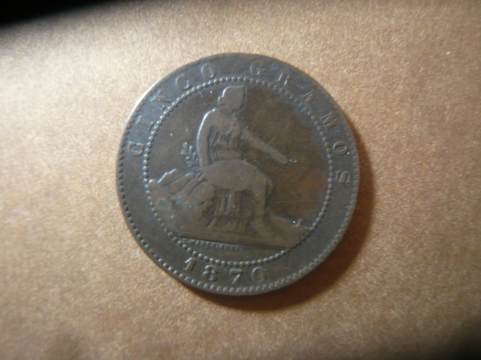 Moneda 5 c Spania 1870 , cal. buna , bronz