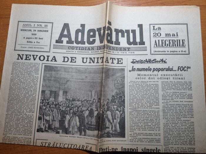 adevarul 24 ianuarie 1990-art. momentul executiei ceausistilor si mica unire