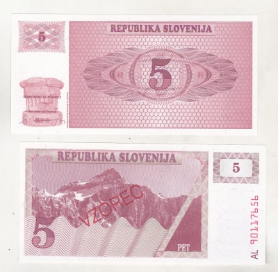 bnk bn Slovenia 5 tolari 1990 vzorec unc (specimen) foto