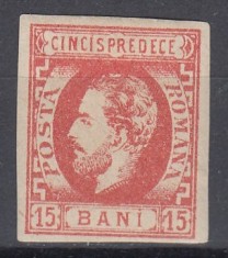 ROMANIA 1872 LP 32 REGELE CAROL I CU BARBA 15 BANI ROSU GUMA ORIGINALA SARNIERA