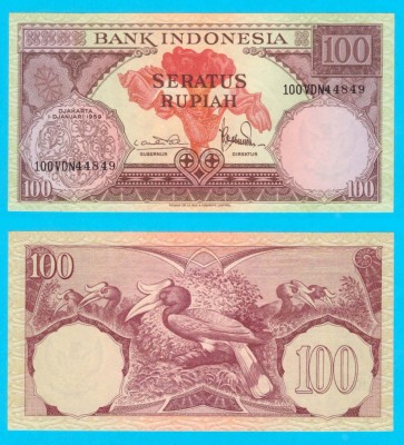 Indonezia (p#69) 100 Rupiah 1959 UNC &amp;#039;Hornbill&amp;#039; serie: 100VDN44849 foto